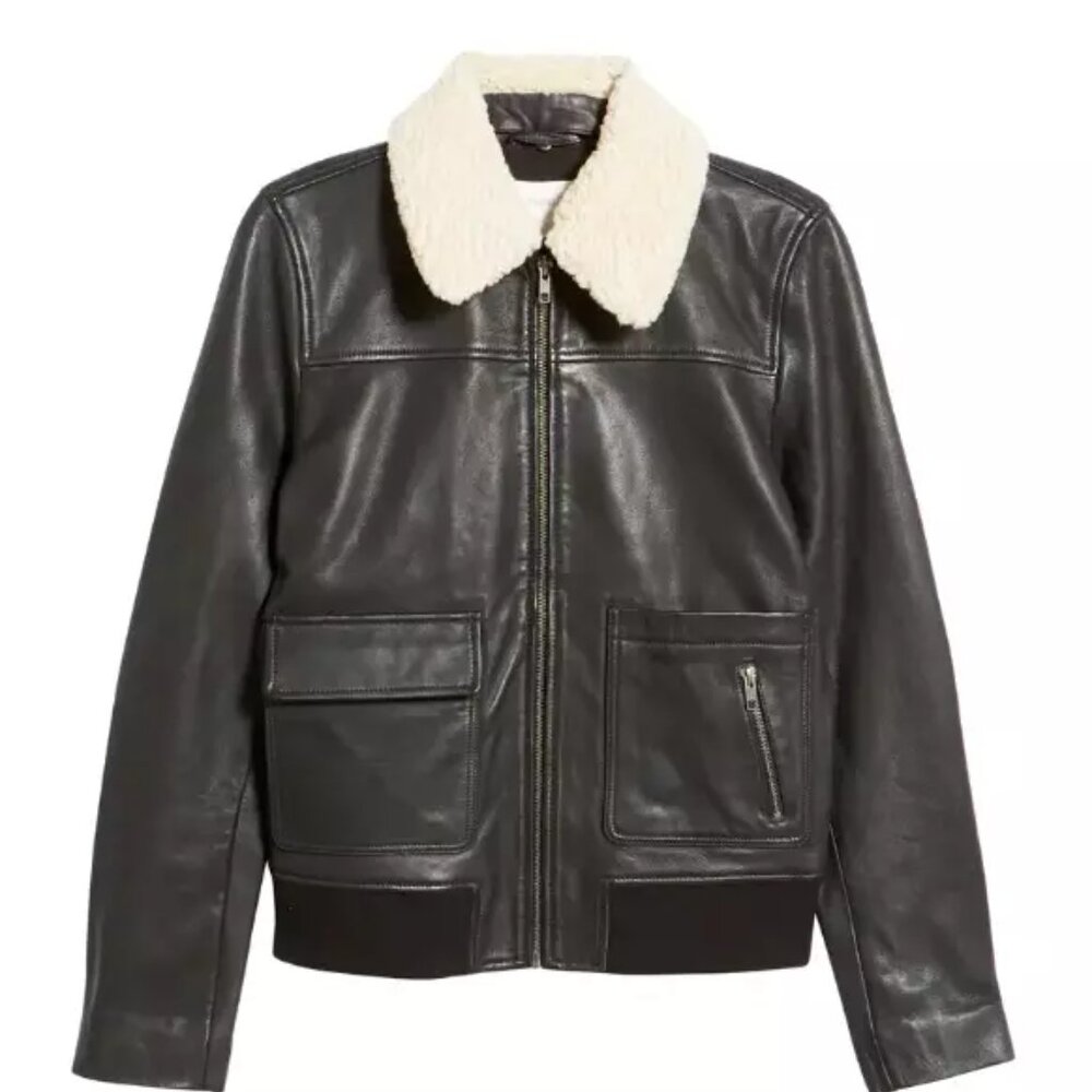 NEW Treasure & Bond Leather Bomber Jacket with Faux Shearling Collar Size S#2060